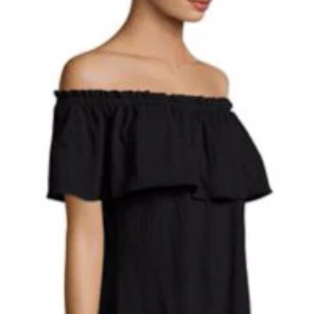Current Elliott Dress Small Black Off Shoulder Mini Ruffled A-line Cotton Jersey - Picture 5 of 5
